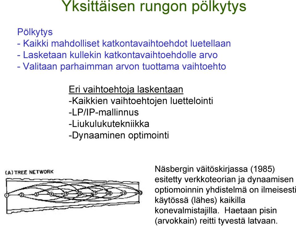 luettelointi -LP/IP-mallinnus -Liukulukutekniikka -Dynaaminen optimointi Näsbergin väitöskirjassa (1985) esitetty verkkoteorian