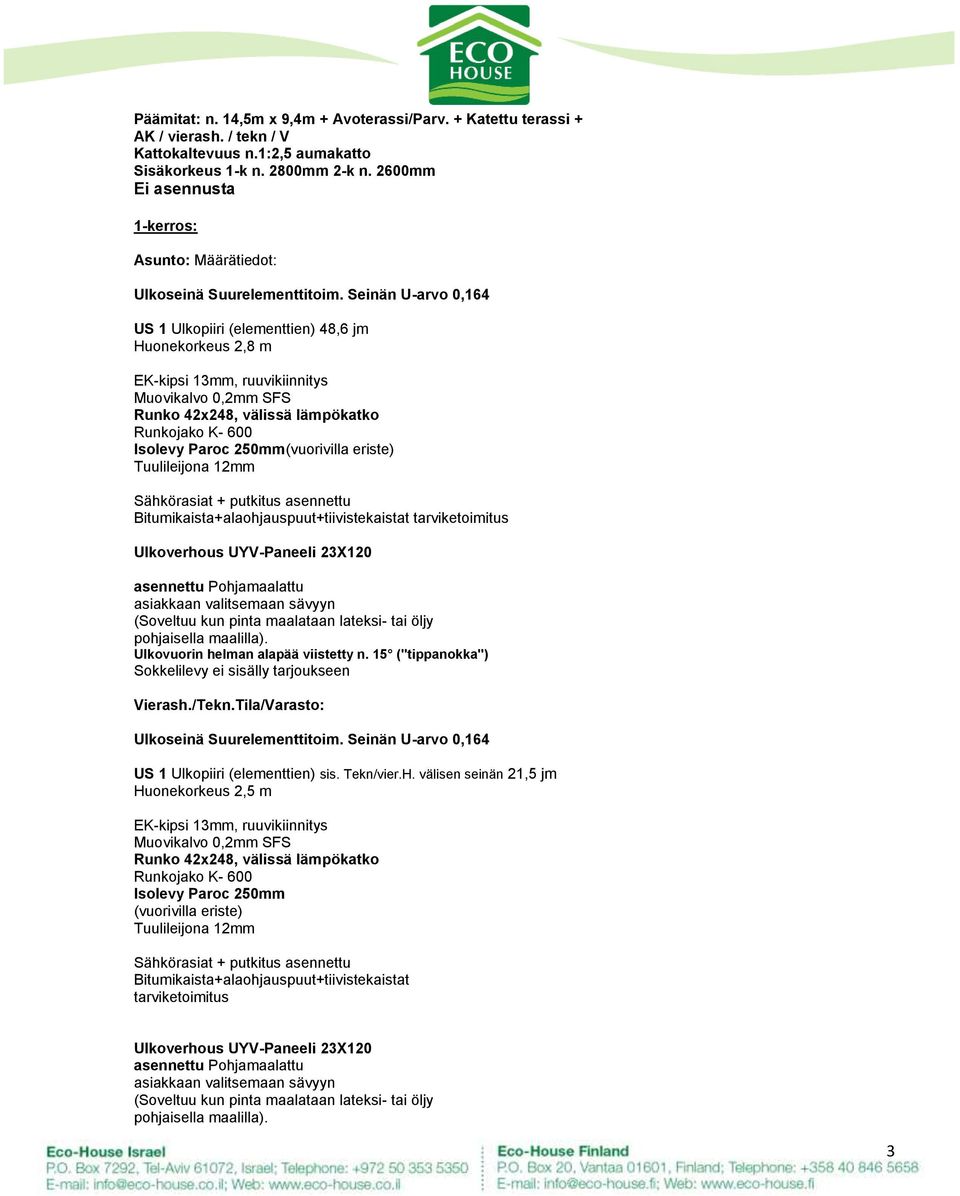 Seinän U-arvo 0,164 US 1 Ulkopiiri (elementtien) 48,6 jm Huonekorkeus 2,8 m EK-kipsi 13mm, ruuvikiinnitys Muovikalvo 0,2mm SFS Runko 42x248, välissä lämpökatko Runkojako K- 600 Isolevy Paroc