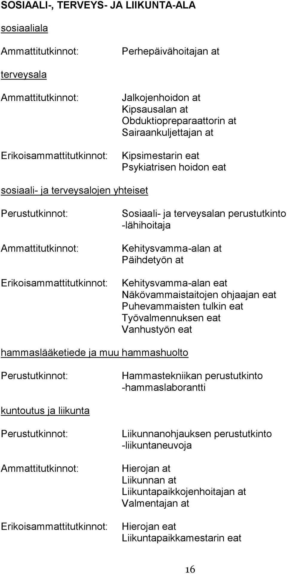 Näkövammaistaitojen ohjaajan eat Puhevammaisten tulkin eat Työvalmennuksen eat Vanhustyön eat hammaslääketiede ja muu hammashuolto Hammastekniikan perustutkinto