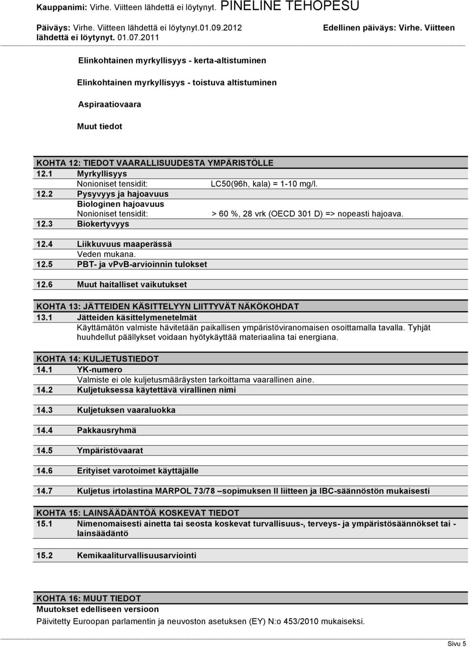 4 Liikkuvuus maaperässä Veden mukana. 12.5 PBT- ja vpvb-arvioinnin tulokset 12.6 Muut haitalliset vaikutukset KOHTA 13: JÄTTEIDEN KÄSITTELYYN LIITTYVÄT NÄKÖKOHDAT 13.