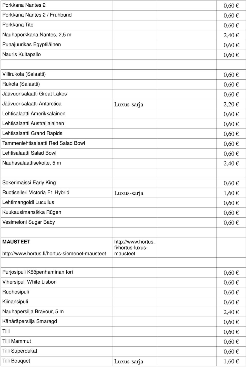 Tammenlehtisalaatti Red Salad Bowl 0,60 Lehtisalaatti Salad Bowl 0,60 Nauhasalaattisekoite, 5 m 2,40 Sokerimaissi Early King 0,60 Ruotiselleri Victoria F1 Hybrid Luxus-sarja 1,60 Lehtimangoldi