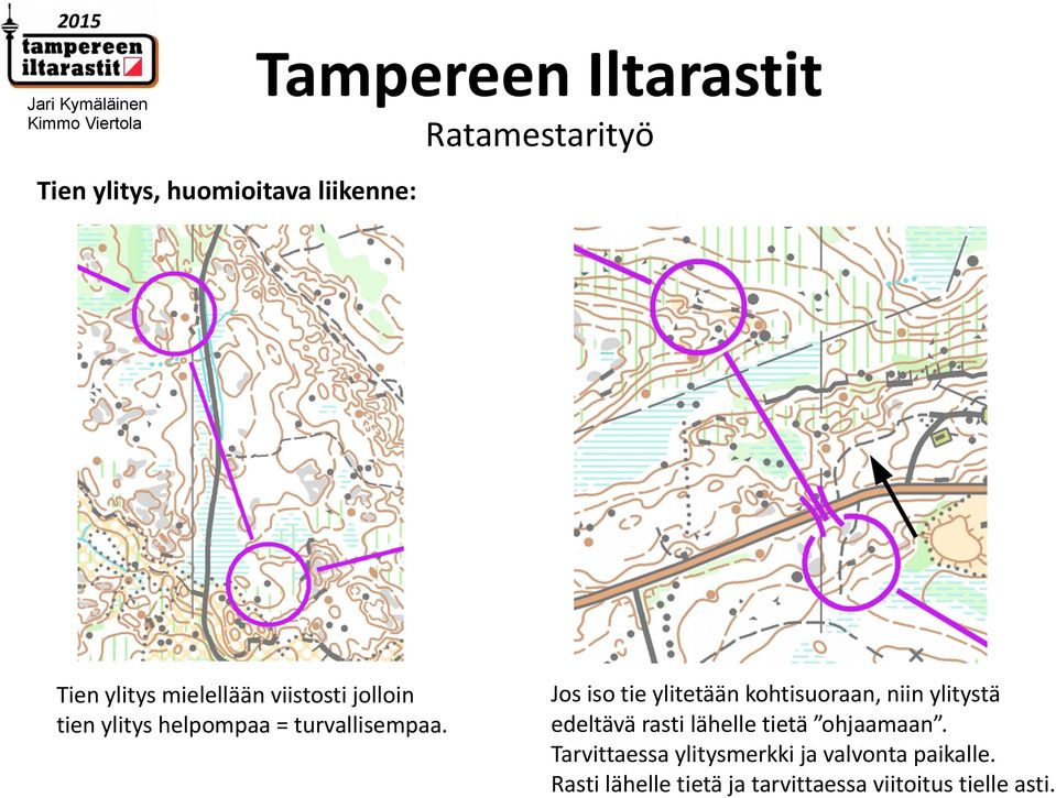 Jos iso tie ylitetään kohtisuoraan, niin ylitystä edeltävä rasti lähelle