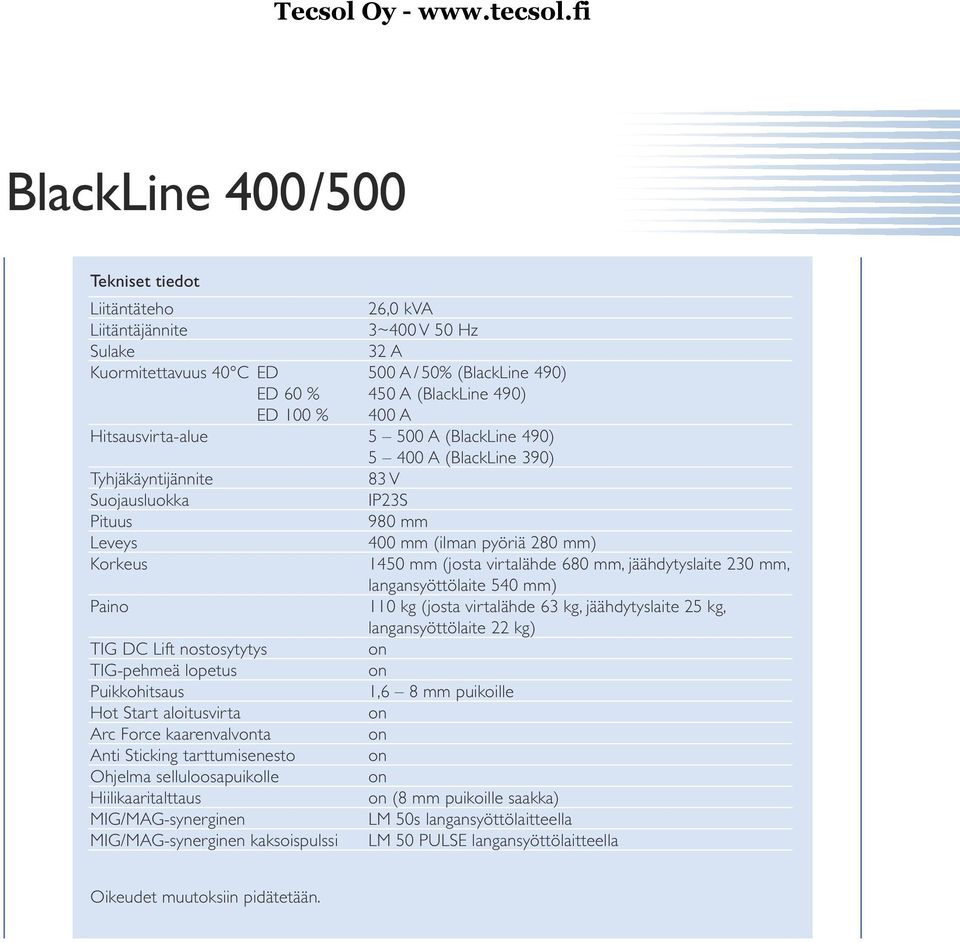 mm, jäähdytyslaite 230 mm, langansyöttölaite 540 mm) Paino 110 kg (josta virtalähde 63 kg, jäähdytyslaite 25 kg, langansyöttölaite 22 kg) TIG DC Lift nostosytytys TIG-pehmeä lopetus Puikkohitsaus 1,6