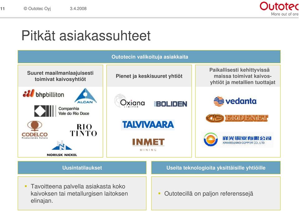 ja metallien tuottajat Uusintatilaukset Useita teknologioita yksittäisille yhtiöille Tavoitteena