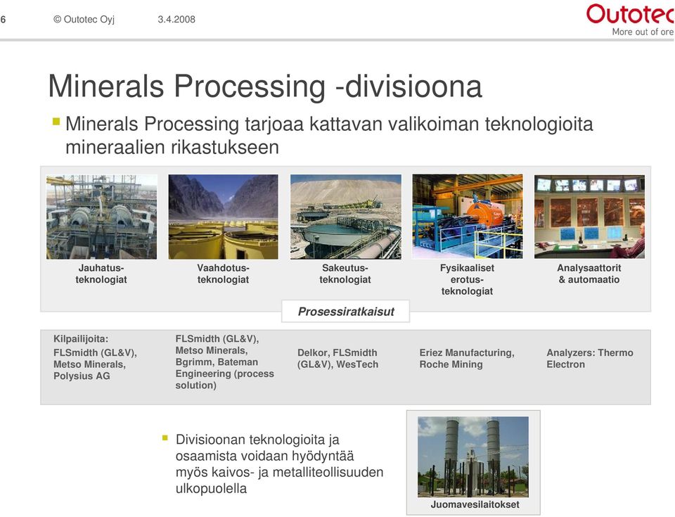 Metso Minerals, Polysius AG FLSmidth (GL&V), Metso Minerals, Bgrimm, Bateman Engineering (process solution) Delkor, FLSmidth (GL&V), WesTech Eriez