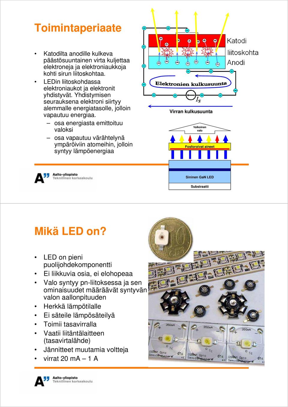 osa energiasta emittoituu valoksi osa vapautuu värähtelynä ympäröiviin atomeihin, jolloin syntyy lämpöenergiaa Virran kulkusuunta Valkoinen valo Fosforoivat aineet Sininen GaN LED Substraatti Mikä