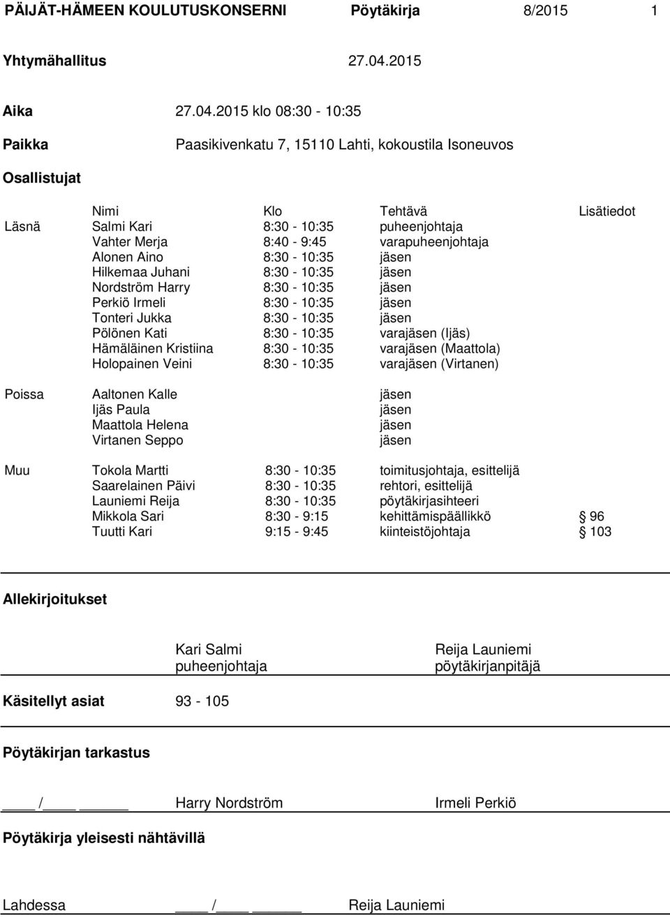 2015 klo 08:30-10:35 Paikka Paasikivenkatu 7, 15110 Lahti, kokoustila Isoneuvos Osallistujat Nimi Klo Tehtävä Lisätiedot Läsnä Salmi Kari 8:30-10:35 puheenjohtaja Vahter Merja 8:40-9:45