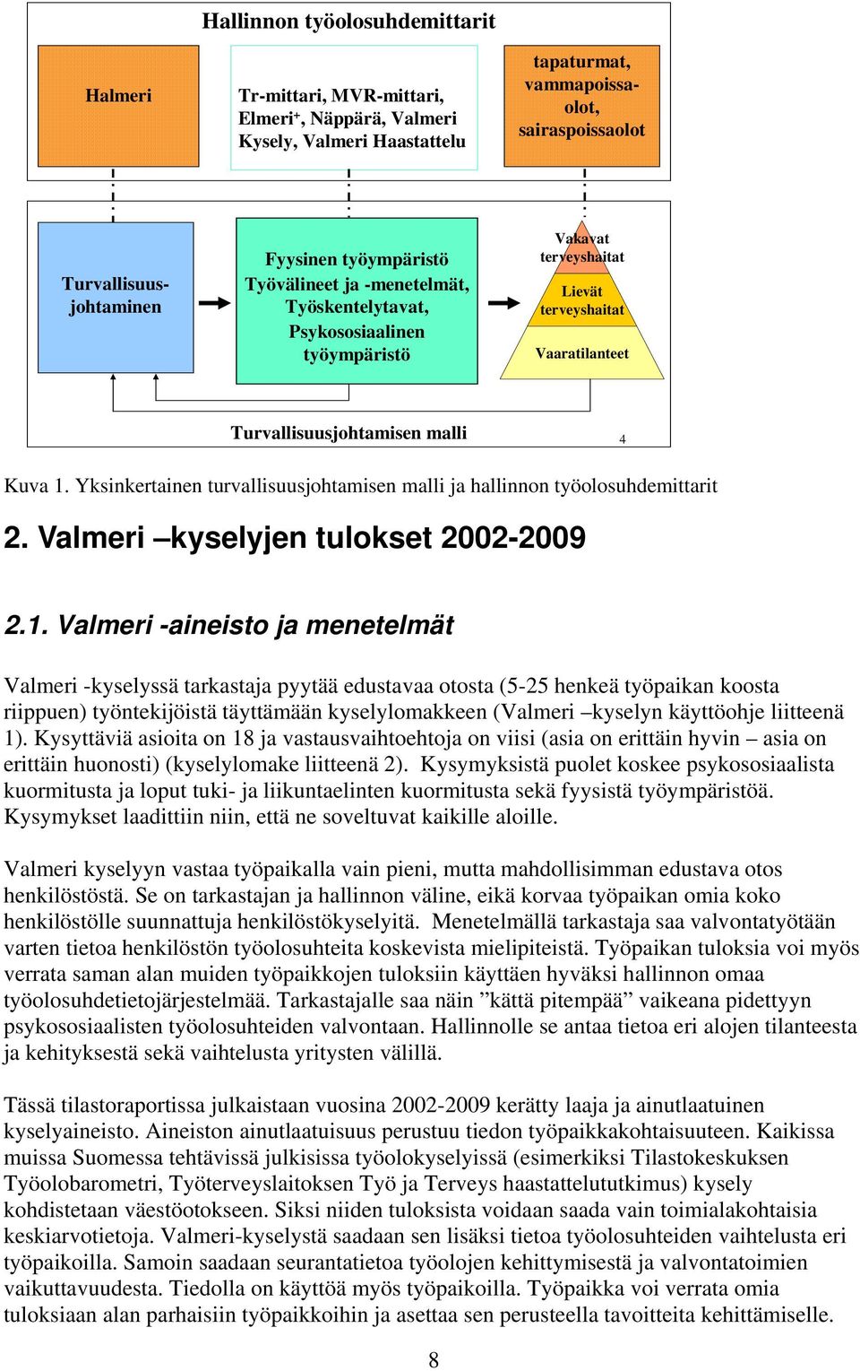 Yksinkertainen turvallisuusjohtamisen malli ja hallinnon työolosuhdemittarit 2. Valmeri kyselyjen tulokset 2002-2009 2.1.