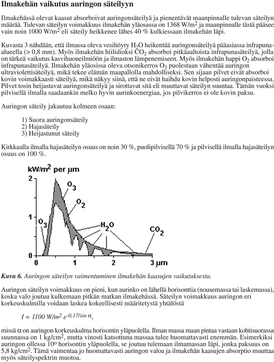 Kuvasta 3 nähdään, että ilmassa oleva vesihöyry H 2 O heikentää auringonsäteilyä pääasiassa infrapunaalueella (> 0,8 mm).