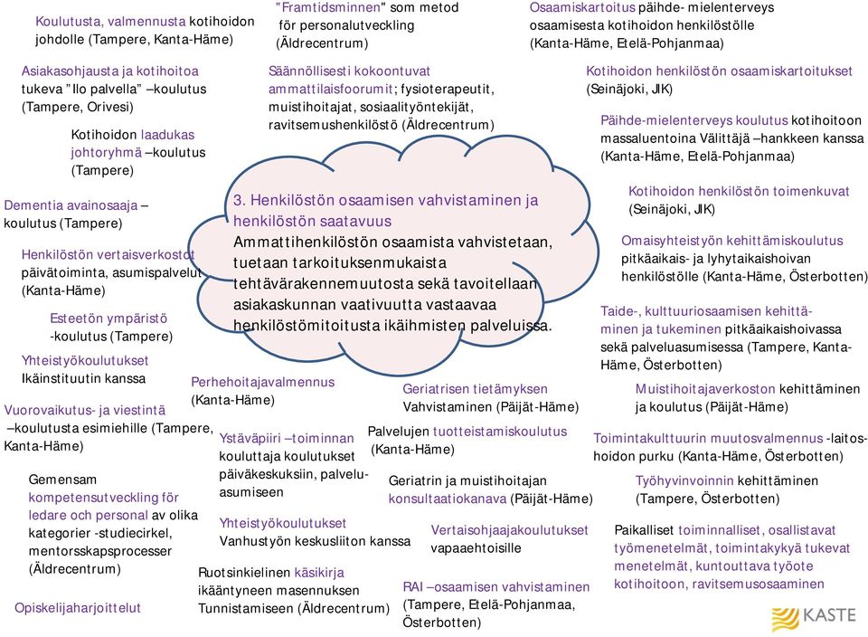 esimiehille (Tampere, Kanta Häme) Gemensam kompetensutveckling för ledare och personal av olika kategorier studiecirkel, mentorsskapsprocesser (Äldrecentrum) Opiskelijaharjoittelut "Framtidsminnen"