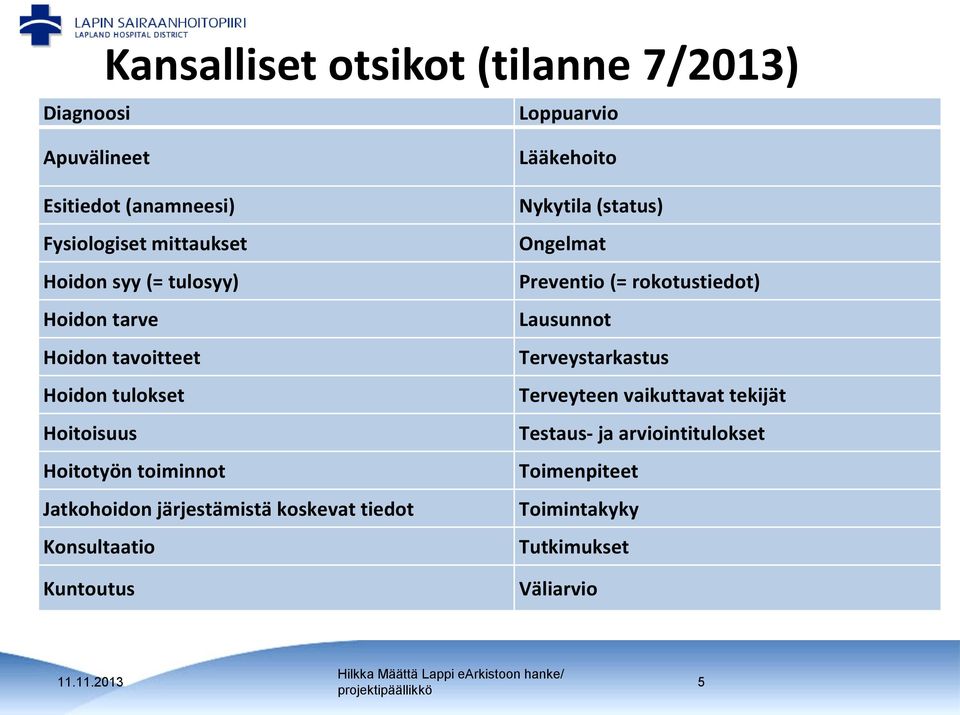 Konsultaatio Kuntoutus Lääkehoito Nykytila (status) Ongelmat Preventio (= rokotustiedot) Lausunnot Terveystarkastus Terveyteen