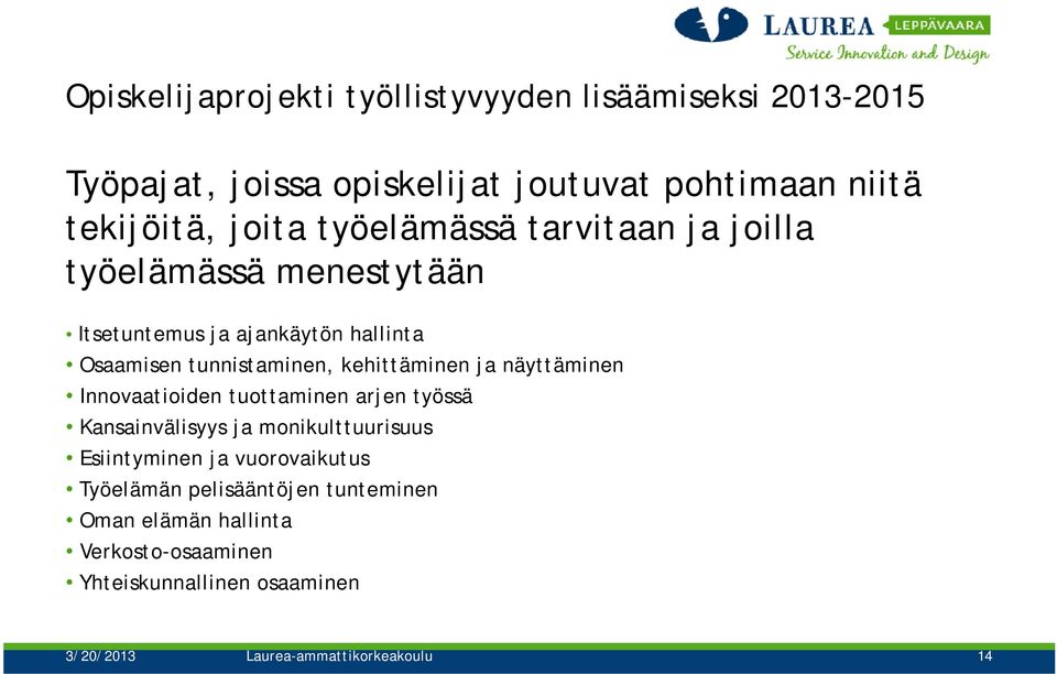 ja näyttäminen Innovaatioiden tuottaminen arjen työssä Kansainvälisyys ja monikulttuurisuus Esiintyminen ja vuorovaikutusova utus