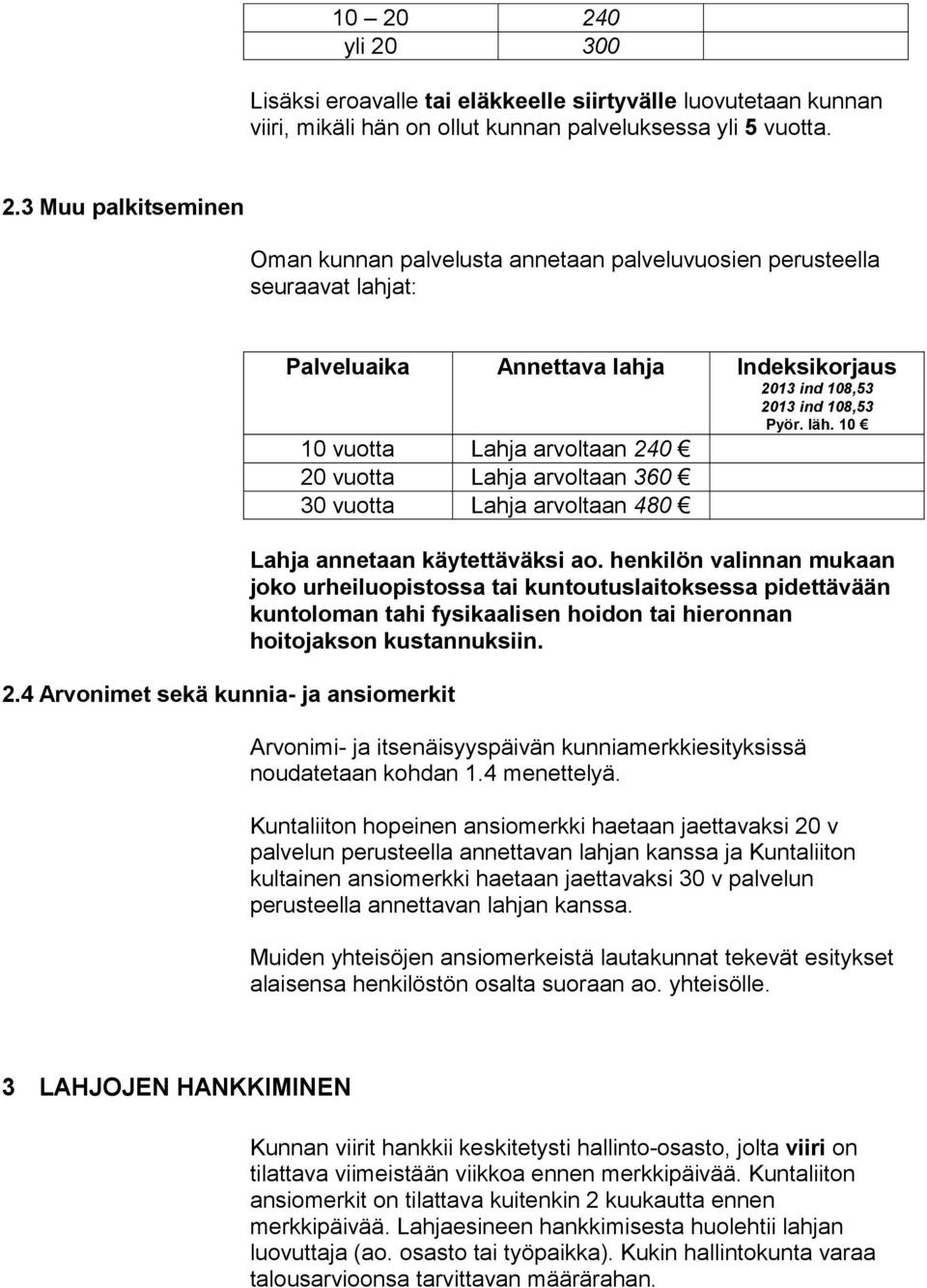 10 10 vuotta Lahja arvoltaan 240 20 vuotta Lahja arvoltaan 360 30 vuotta Lahja arvoltaan 480 Lahja annetaan käytettäväksi ao.