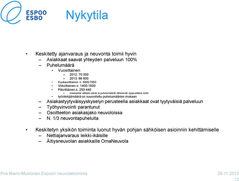 250 440 maanantai vilkkain päivä ja puhelumäärät vähenevät loppuviikkoa kohti työntekijämäärä on suunniteltu puhelumäärien mukaan Asiakastyytyväisyyskyselyn perusteella asiakkaat