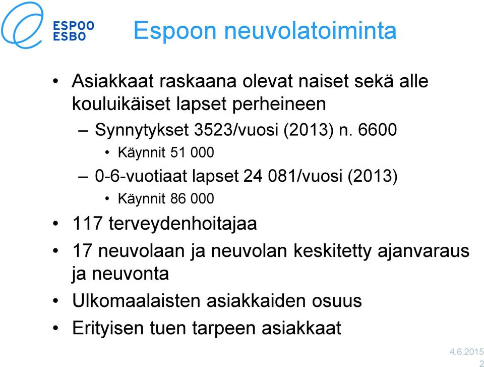 6600 Käynnit 51 000 0 6 vuotiaat lapset 24 081/vuosi (2013) Käynnit 86 000 117