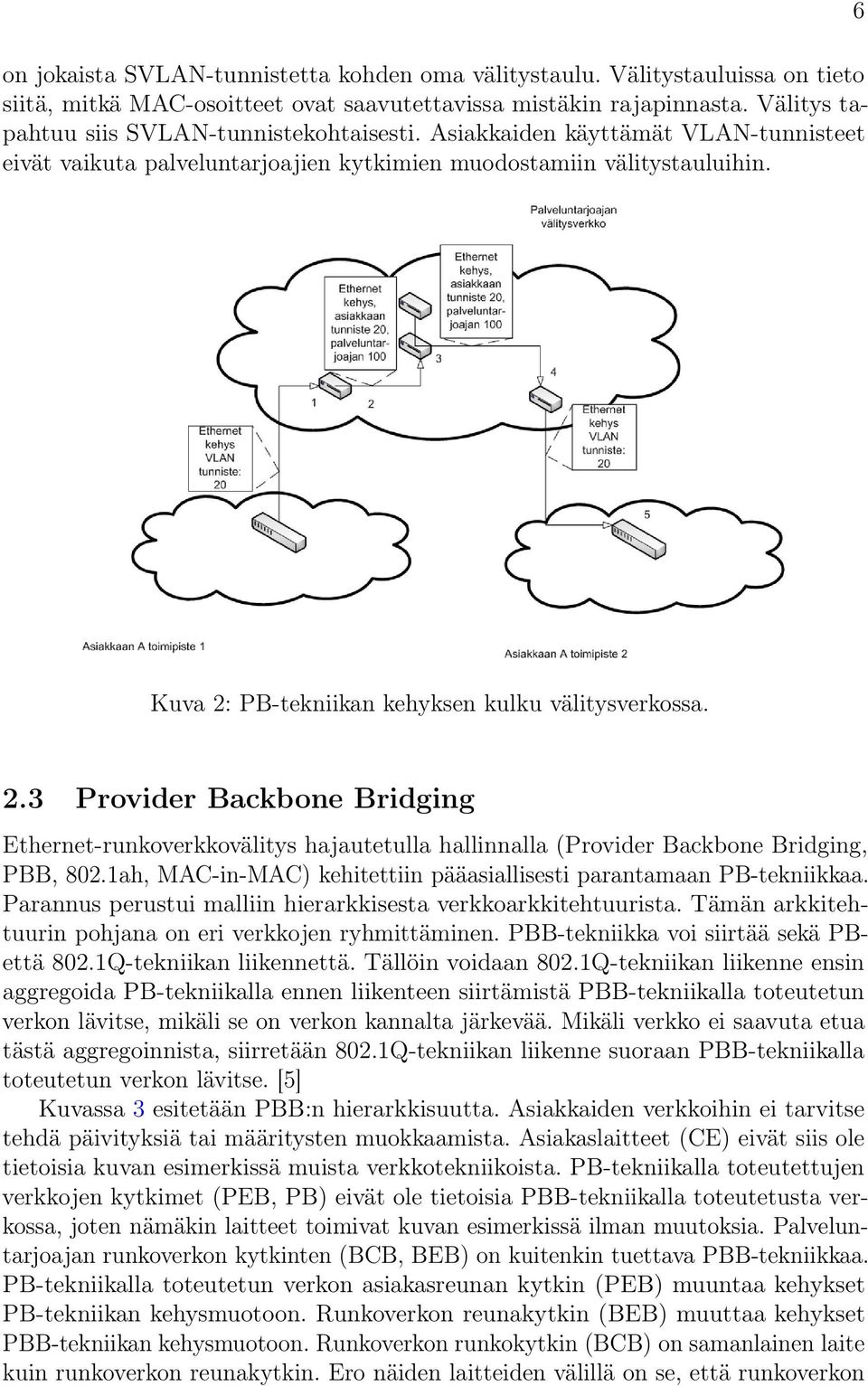 PB-tekniikan kehyksen kulku välitysverkossa. 2.3 Provider Backbone Bridging Ethernet-runkoverkkovälitys hajautetulla hallinnalla (Provider Backbone Bridging, PBB, 802.