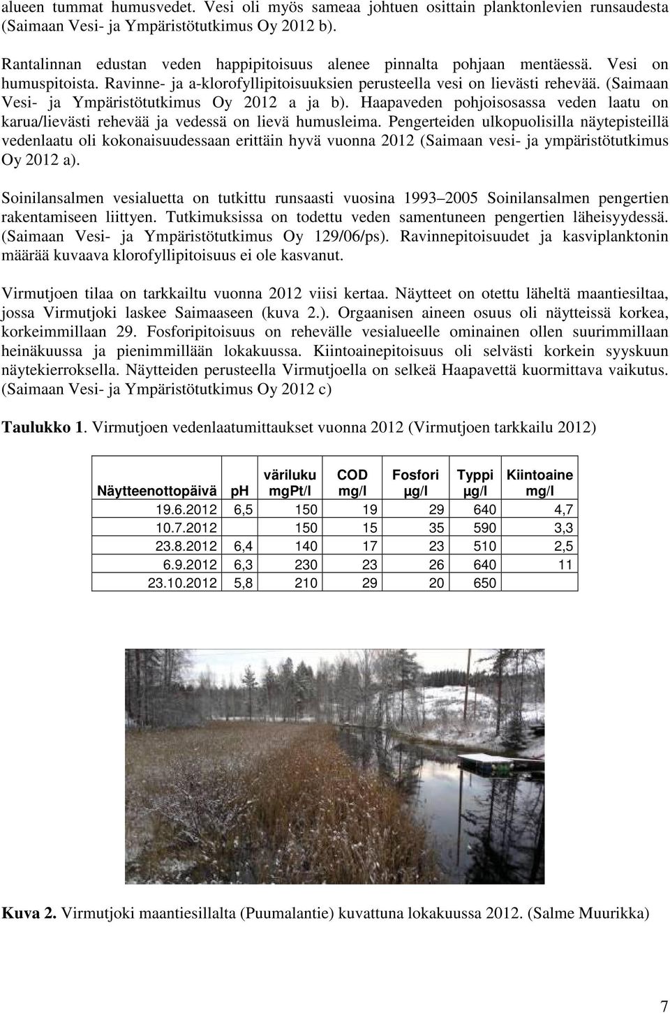 (Saimaan Vesi- ja Ympäristötutkimus Oy 2012 a ja b). Haapaveden pohjoisosassa veden laatu on karua/lievästi rehevää ja vedessä on lievä humusleima.