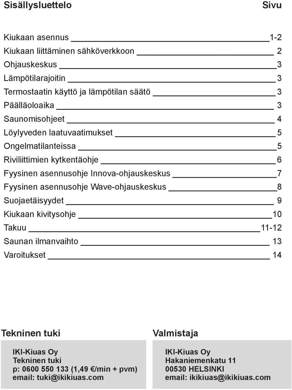 Fyysinen asennusohje Wave-ohjauskeskus 8 Suojaetäisyydet 9 Kiukaan kivitysohje 10 Takuu 11-12 Saunan ilmanvaihto 13 Varoitukset 14 Tekninen tuki IKI-Kiuas