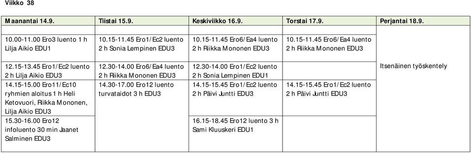 00 Ero11/Ec10 ryhmien aloitus 1 h Heli Ketovuori, Riikka Mononen, Lilja Aikio 15.30-16.00 Ero12 infoluento 30 min Jaanet Salminen 12.30-14.00 Ero6/Ea4 luento 2 h Riikka Mononen 14.