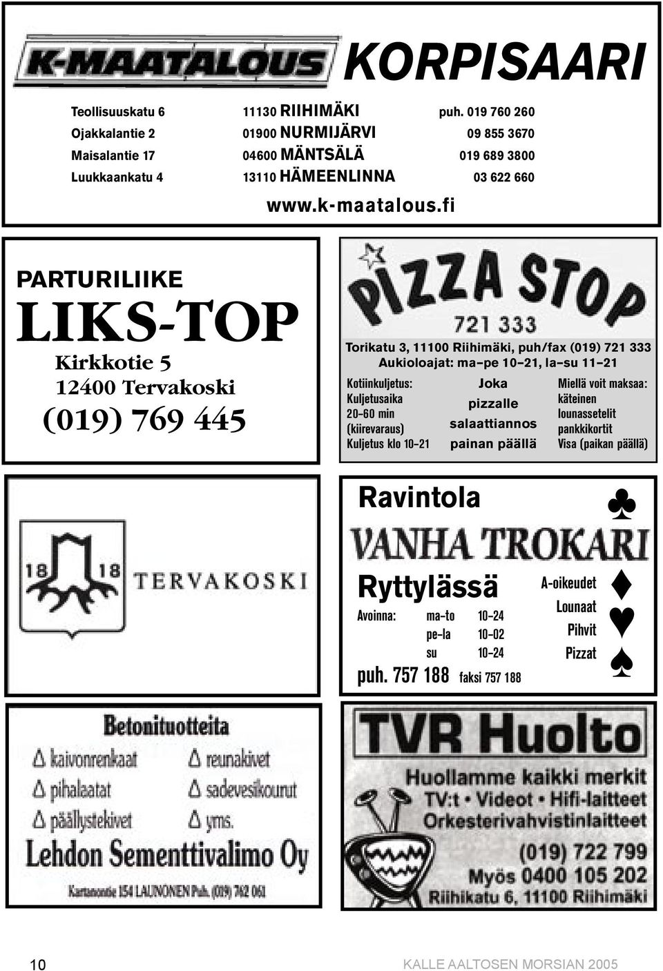 fi PARTURILIIKE LIKS-TOP Kirkkotie 5 12400 Tervakoski (019) 769 445 Torikatu 3, 11100 Riihimäki, puh/fax (019) 721 333 Aukioloajat: ma pe 10 21, la su 11 21 Kotiinkuljetus: Kuljetusaika 20 60 min
