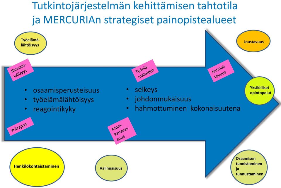 työelämälähtöisyys reagointikyky selkeys johdonmukaisuus hahmottuminen