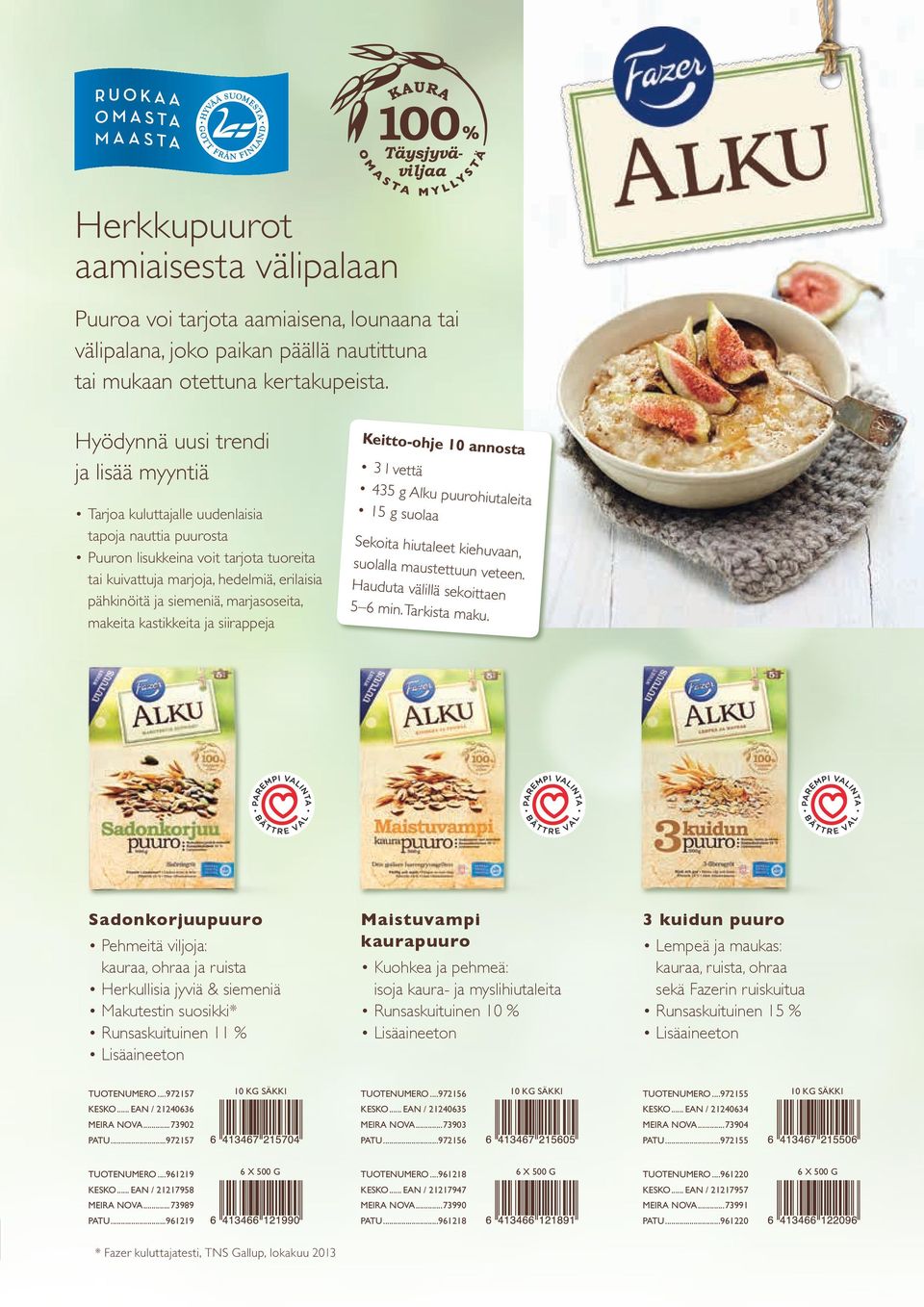 siemeniä, marjasoseita, makeita kastikkeita ja siirappeja Keitto-ohje 10 annosta 3 l vettä 435 g Alku puurohiutaleita 15 g suolaa Sekoita hiutaleet kiehuvaan, suolalla maustettuun veteen.