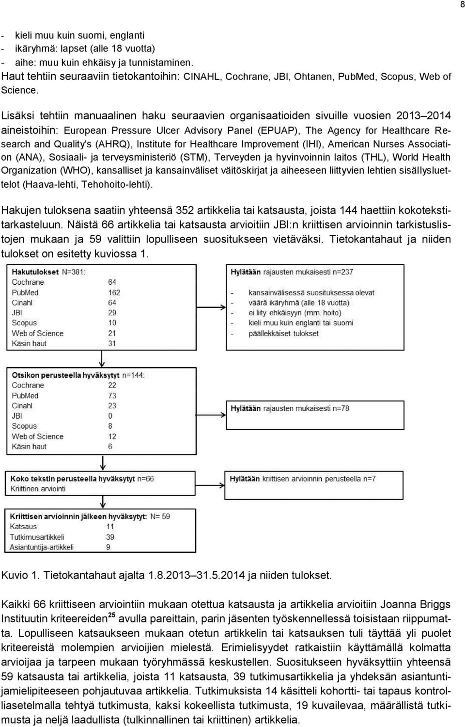 Lisäksi tehtiin manuaalinen haku seuraavien organisaatioiden sivuille vuosien 2013 2014 aineistoihin: European Pressure Ulcer Advisory Panel (EPUAP), The Agency for Healthcare Research and Quality's