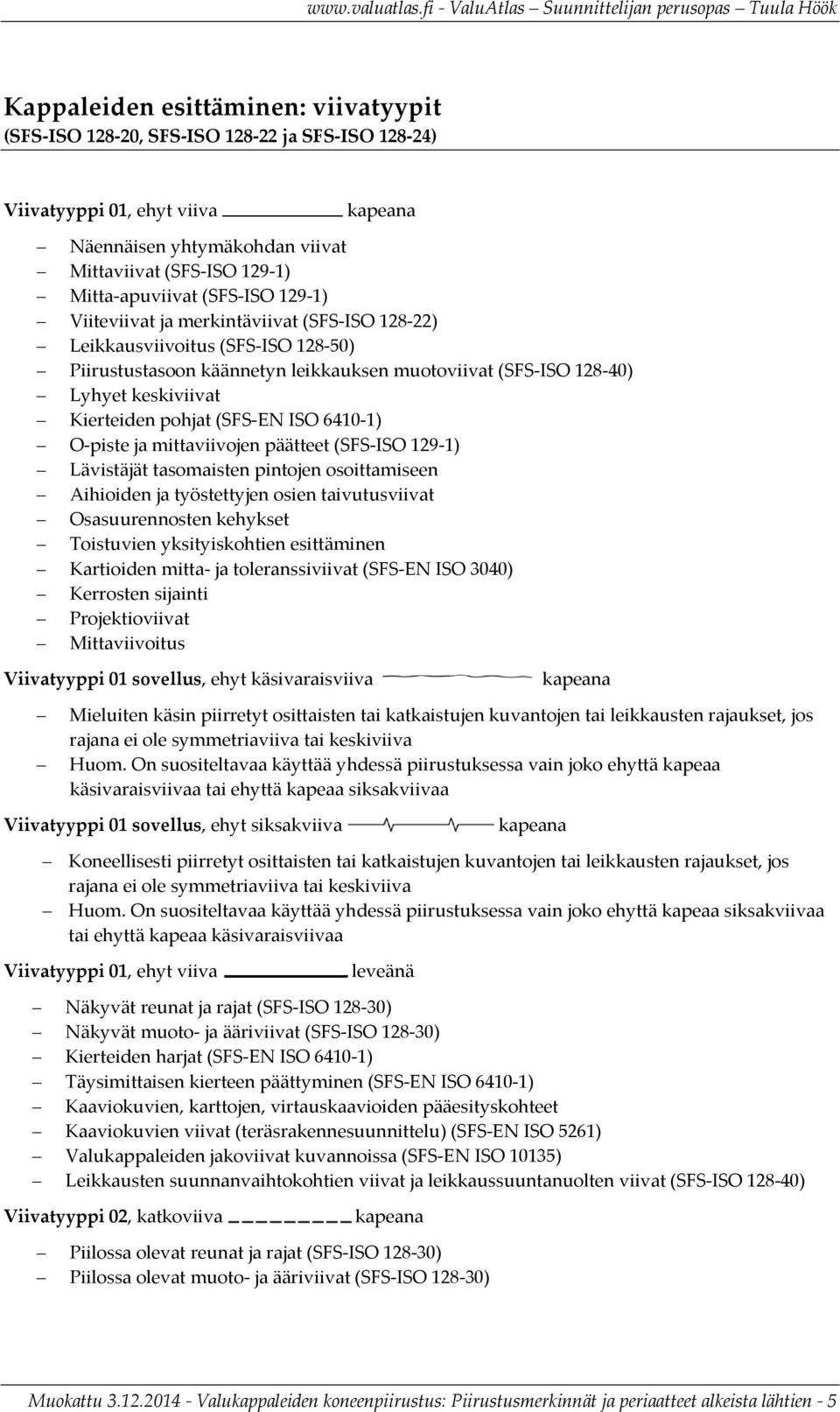 pohjat (SFS EN ISO 6410 1) O piste ja mittaviivojen päätteet (SFS ISO 129 1) Lävistäjät tasomaisten pintojen osoittamiseen Aihioiden ja työstettyjen osien taivutusviivat Osasuurennosten kehykset