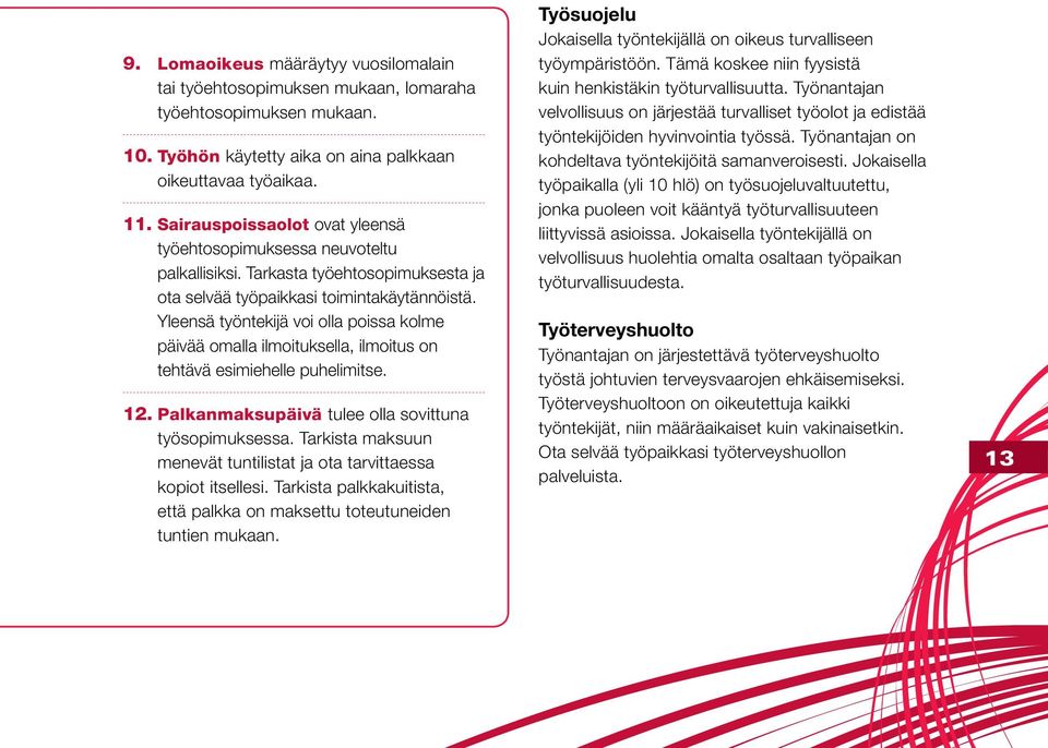 Yleensä työntekijä voi olla poissa kolme päivää omalla ilmoituksella, ilmoitus on tehtävä esimiehelle puhelimitse. 12. Palkanmaksupäivä tulee olla sovittuna työsopimuksessa.