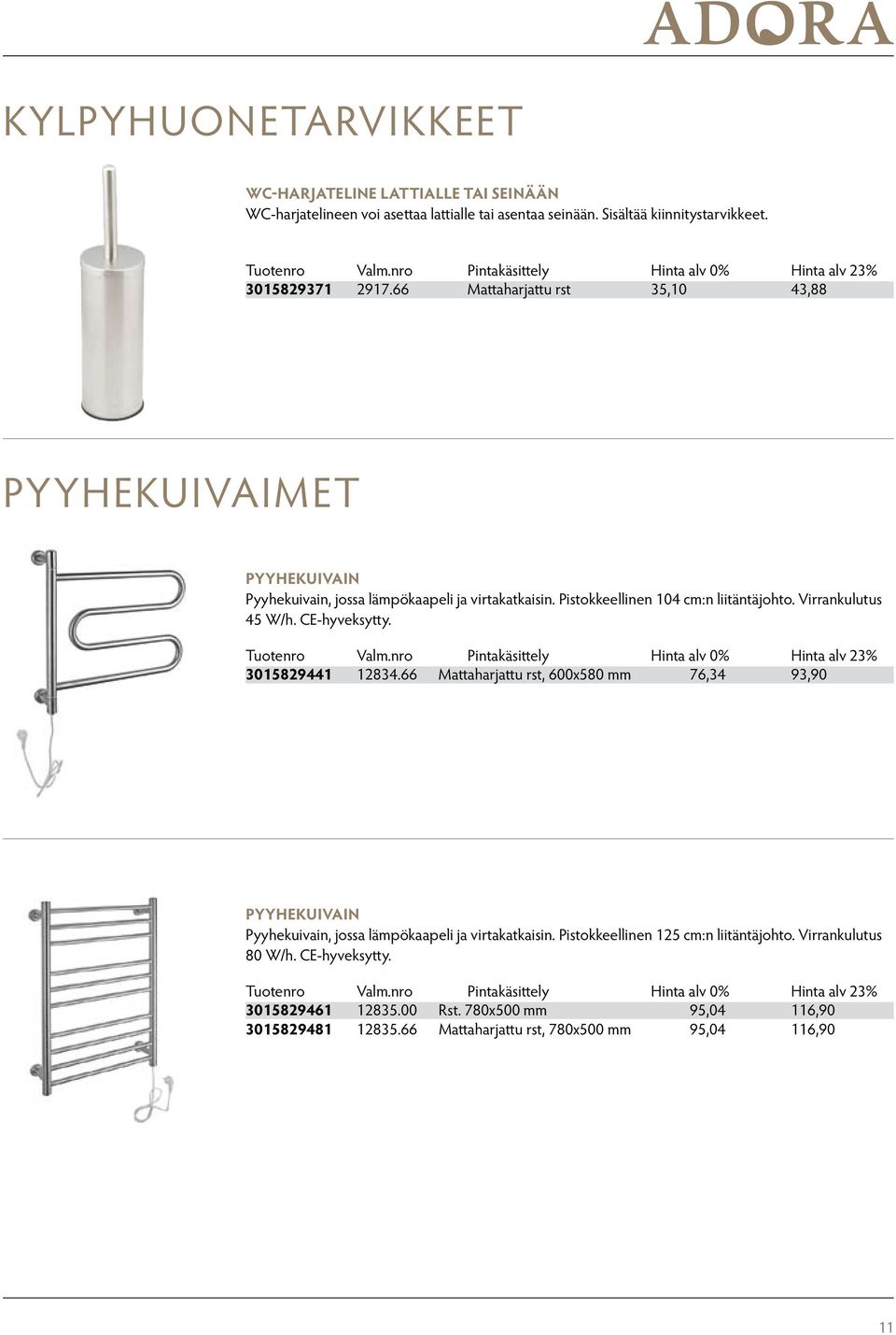 Virrankulutus 45 W/h. CE-hyveksytty. 3015829441 12834.66 Mattaharjattu rst, 600x580 mm 76,34 93,90 PYYHEKUIVAIN Pyyhekuivain, jossa lämpökaapeli ja virtakatkaisin.