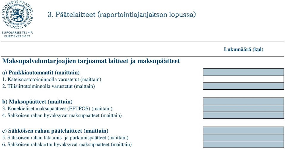 Tilisiirtotoiminnolla varustetut (maittain) b) Maksupäätteet (maittain) 3. Konekieliset maksupäätteet (EFTPOS) (maittain) 4.