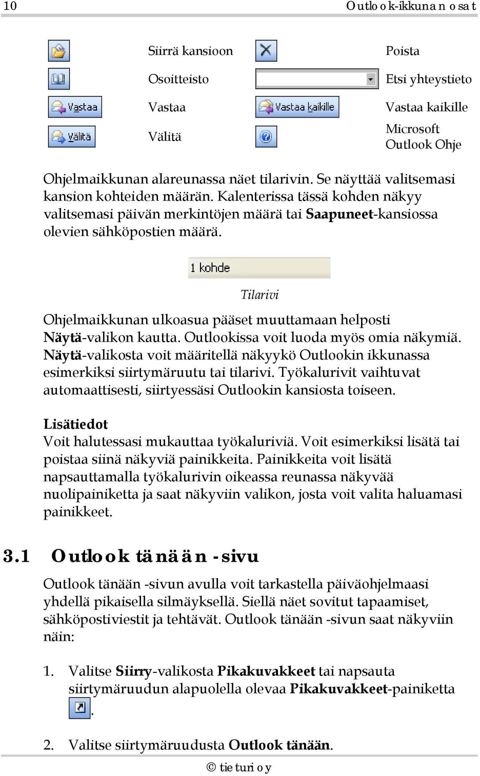 Tilarivi Ohjelmaikkunan ulkoasua pääset muuttamaan helposti Näytä-valikon kautta. Outlookissa voit luoda myös omia näkymiä.