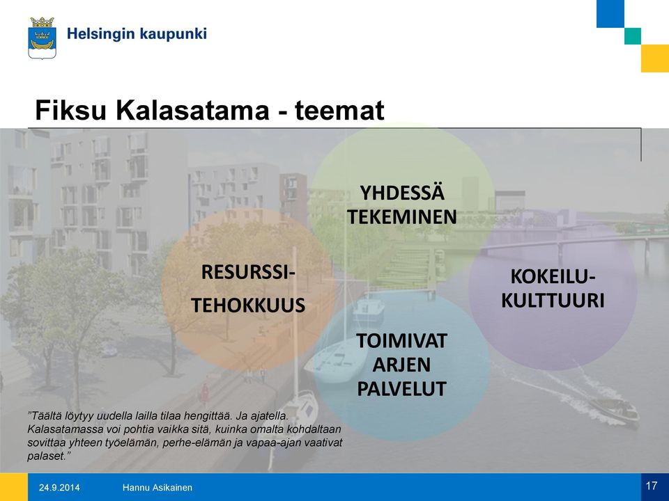 Kalasatamassa voi pohtia vaikka sitä, kuinka omalta kohdaltaan sovittaa yhteen