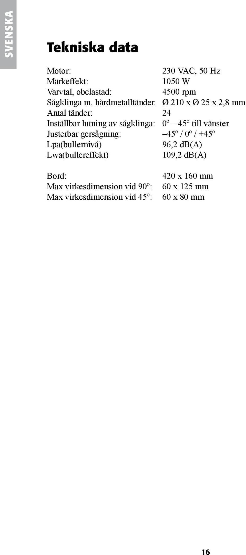 Ø 210 x Ø 25 x 2,8 mm Antal tänder: 24 Inställbar lutning av sågklinga: 0º 45º till vänster Justerbar