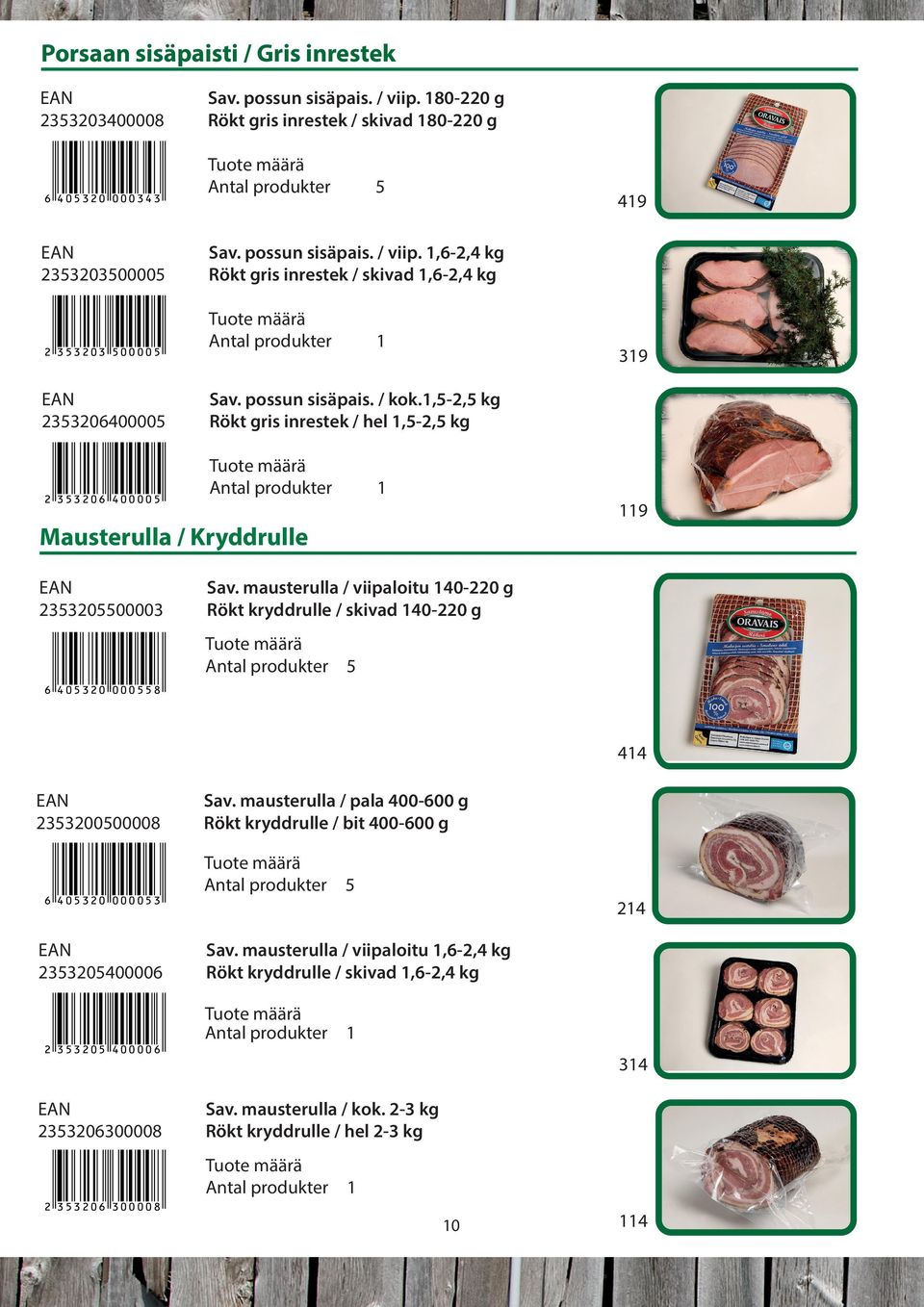 ,-2, kg Rökt gris inrestek / hel,-2, kg 9 Mausterulla / Kryddrulle 2332000003 Sav.