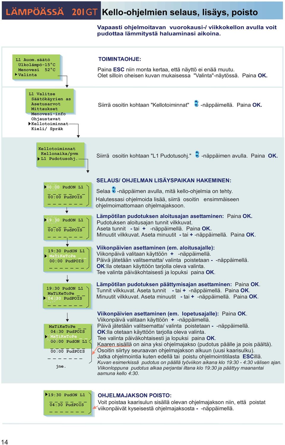 L1 Valitse Säätökäyrien as Mittaukset Menovesi-info Ohjaustavat Kellotoiminnat Kieli/ Språk Siirrä osoitin kohtaan "Kellotoiminnat" -näppäimellä. Kellotoiminnat Kellonaika/pvm L1 Pudotusohj.