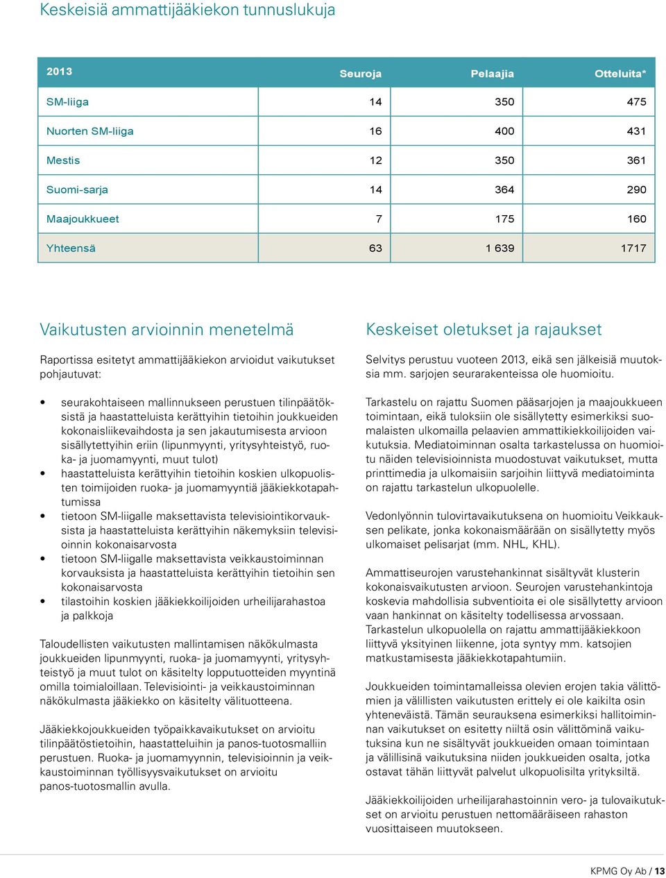 kerättyihin tietoihin joukkueiden kokonaisliikevaihdosta ja sen jakautumisesta arvioon sisällytettyihin eriin (lipunmyynti, yritysyhteistyö, ruoka- ja juomamyynti, muut tulot) haastatteluista