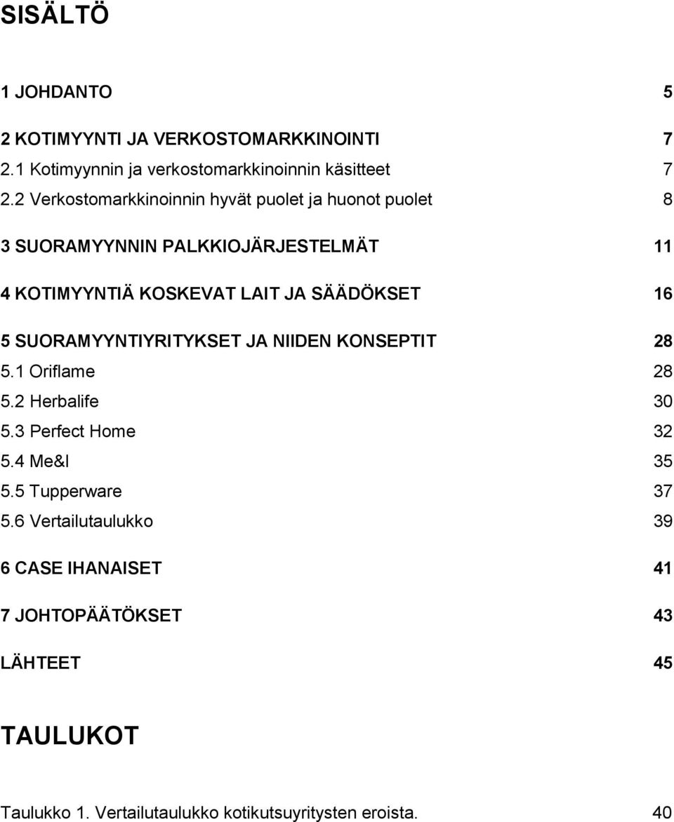 SÄÄDÖKSET 16 5 SUORAMYYNTIYRITYKSET JA NIIDEN KONSEPTIT 28 5.1 Oriflame 28 5.2 Herbalife 30 5.3 Perfect Home 32 5.4 Me&I 35 5.
