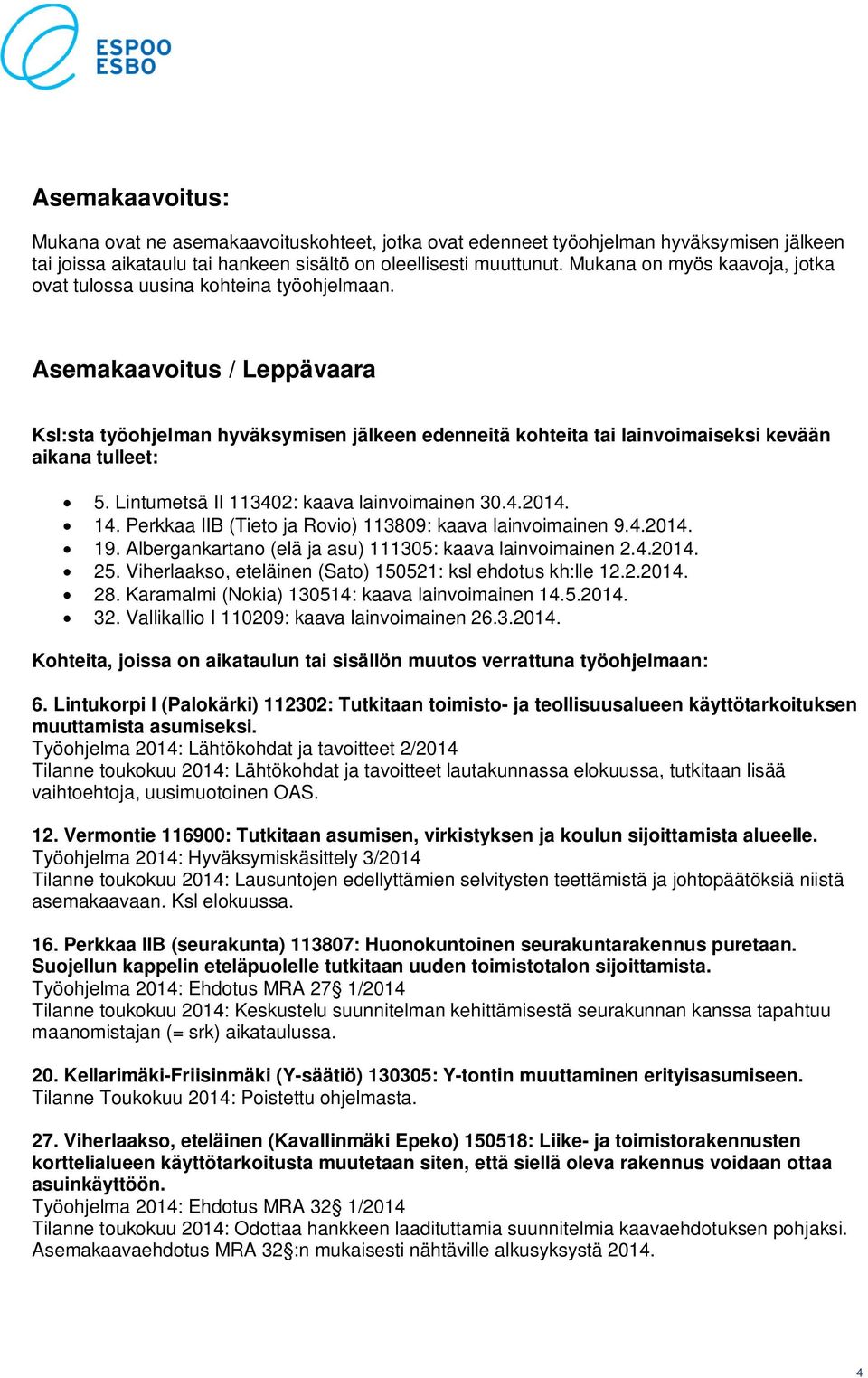 Asemakaavoitus / Leppävaara Ksl:sta työohjelman hyväksymisen jälkeen edenneitä kohteita tai lainvoimaiseksi kevään aikana tulleet: 5. Lintumetsä II 113402: kaava lainvoimainen 30.4.2014. 14.