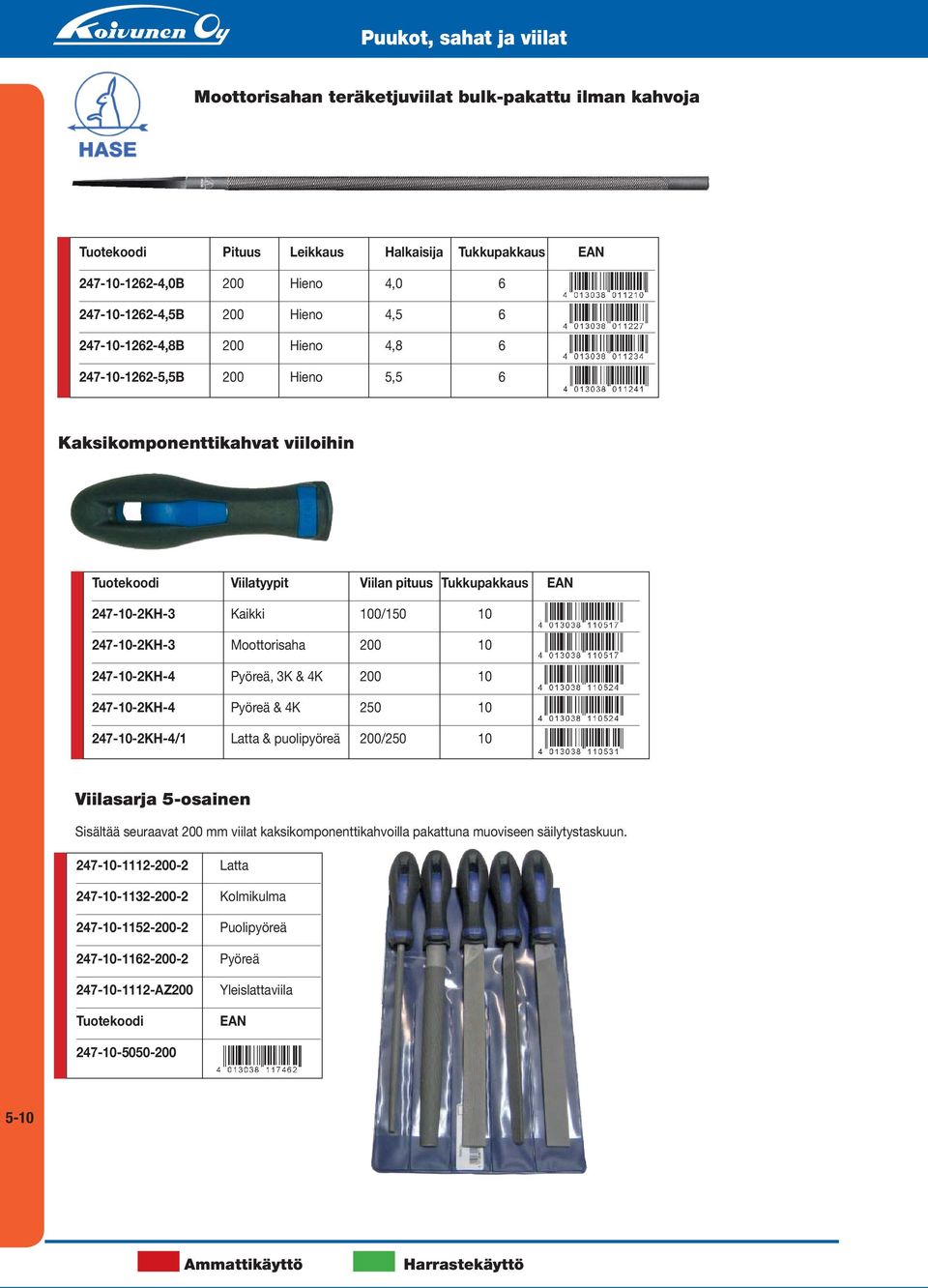 247-10-2KH-4 Pyöreä, 3K & 4K 200 10 247-10-2KH-4 Pyöreä & 4K 250 10 247-10-2KH-4/1 Latta & puolipyöreä 200/250 10 Viilasarja 5-osainen Sisältää seuraavat 200 mm viilat kaksikomponenttikahvoilla
