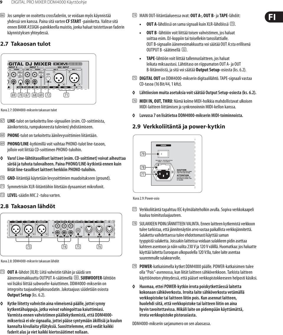 7: DDM4000-mikserin takaosan tulot (71) (67) LINE-tulot on tarkoitettu line-signaalien (esim. CD-soittimista, äänikorteista, rumpukoneesta tulevien) yhdistämiseen.