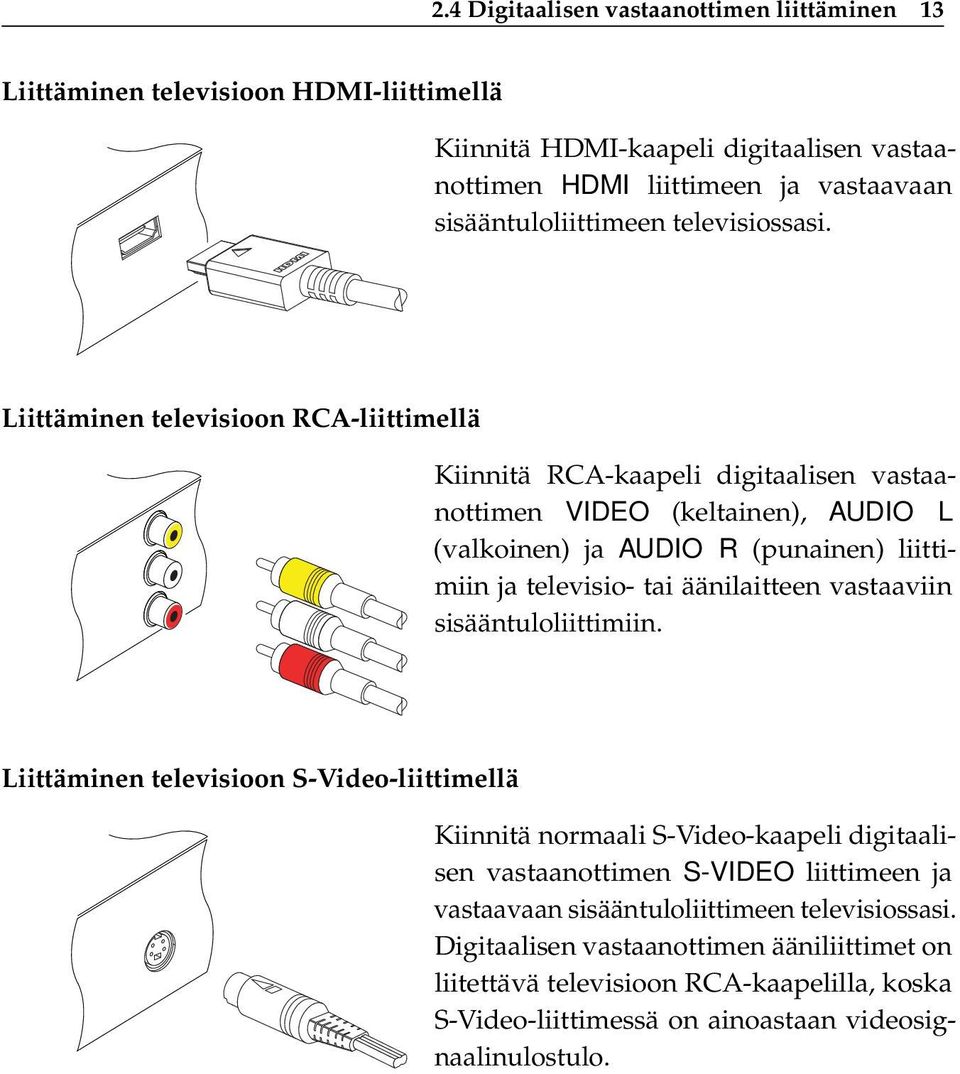 Liittäminen televisioon RCA-liittimellä Kiinnitä RCA-kaapeli digitaalisen vastaanottimen VIDEO (keltainen), AUDIO L (valkoinen) ja AUDIO R (punainen) liittimiin ja televisio- tai