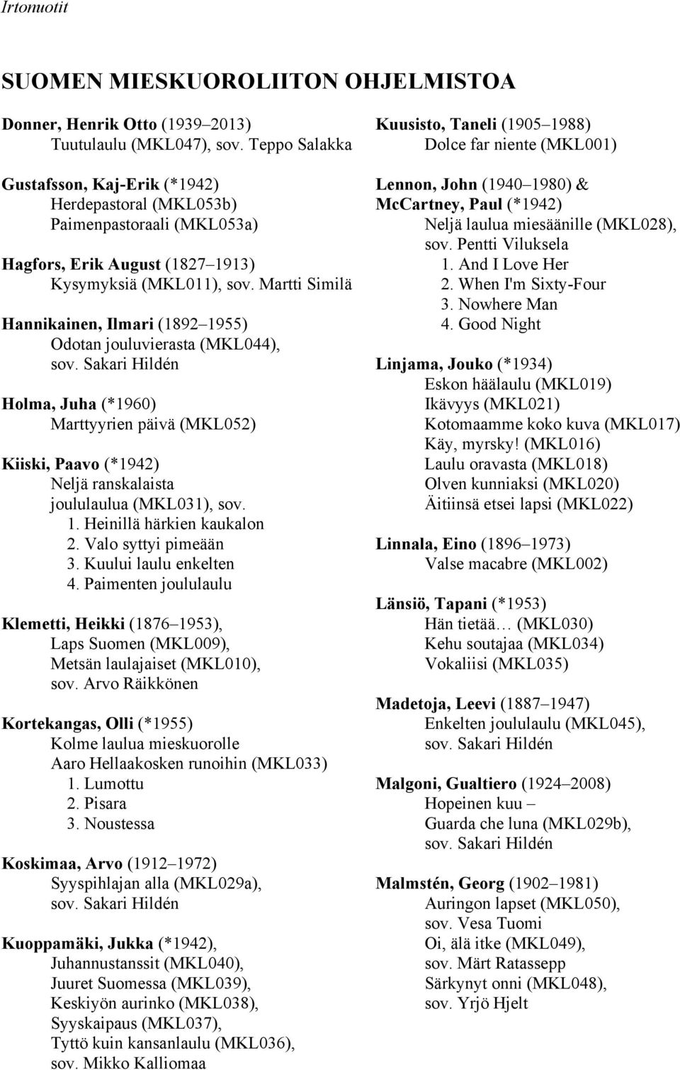 Martti Similä Hannikainen, Ilmari (1892 1955) Odotan jouluvierasta (MKL044), Holma, Juha (*1960) Marttyyrien päivä (MKL052) Kiiski, Paavo (*1942) Neljä ranskalaista joululaulua (MKL031), sov. 1. Heinillä härkien kaukalon 2.