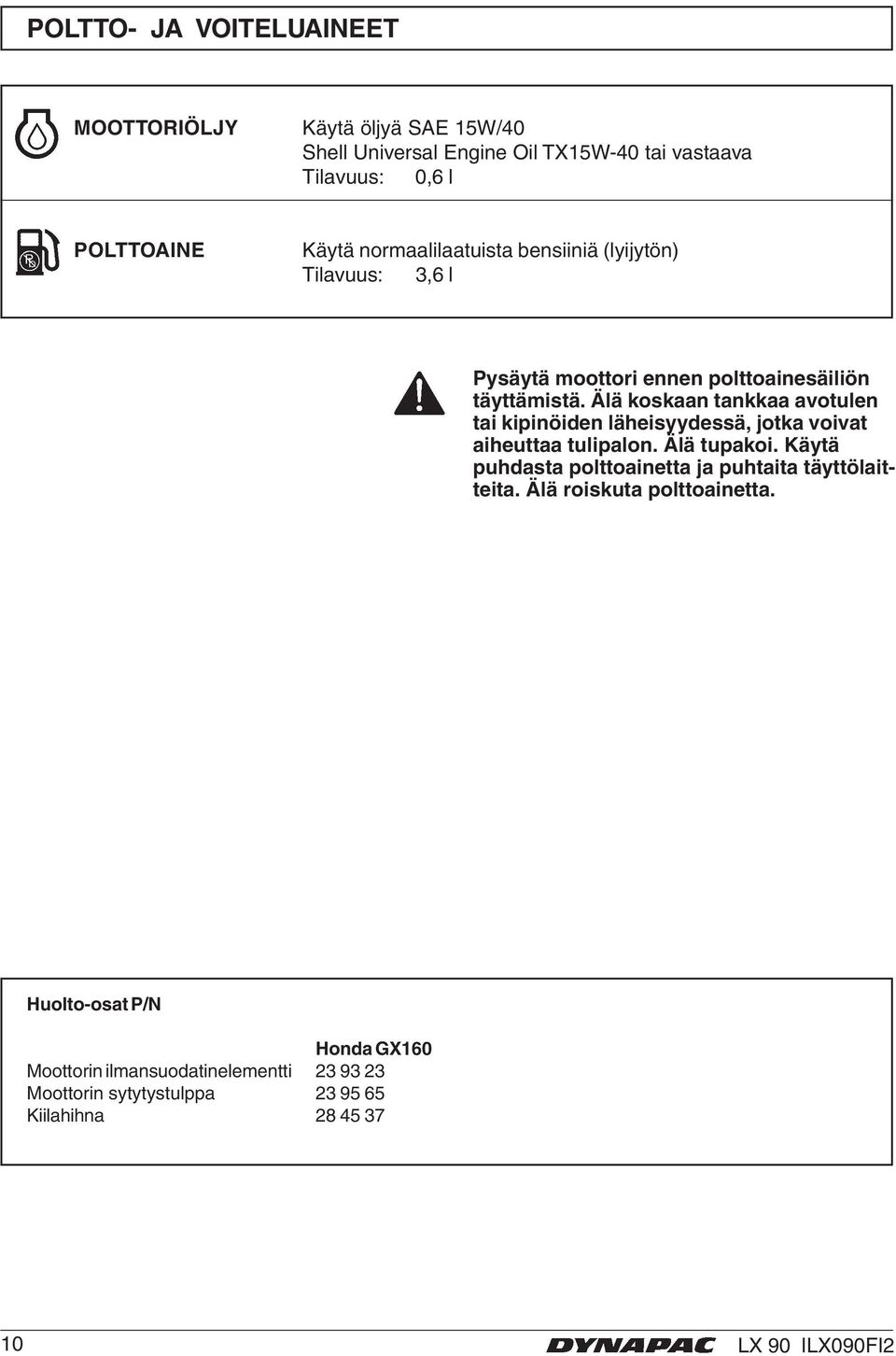 Älä koskaan tankkaa avotulen tai kipinöiden läheisyydessä, jotka voivat aiheuttaa tulipalon. Älä tupakoi.