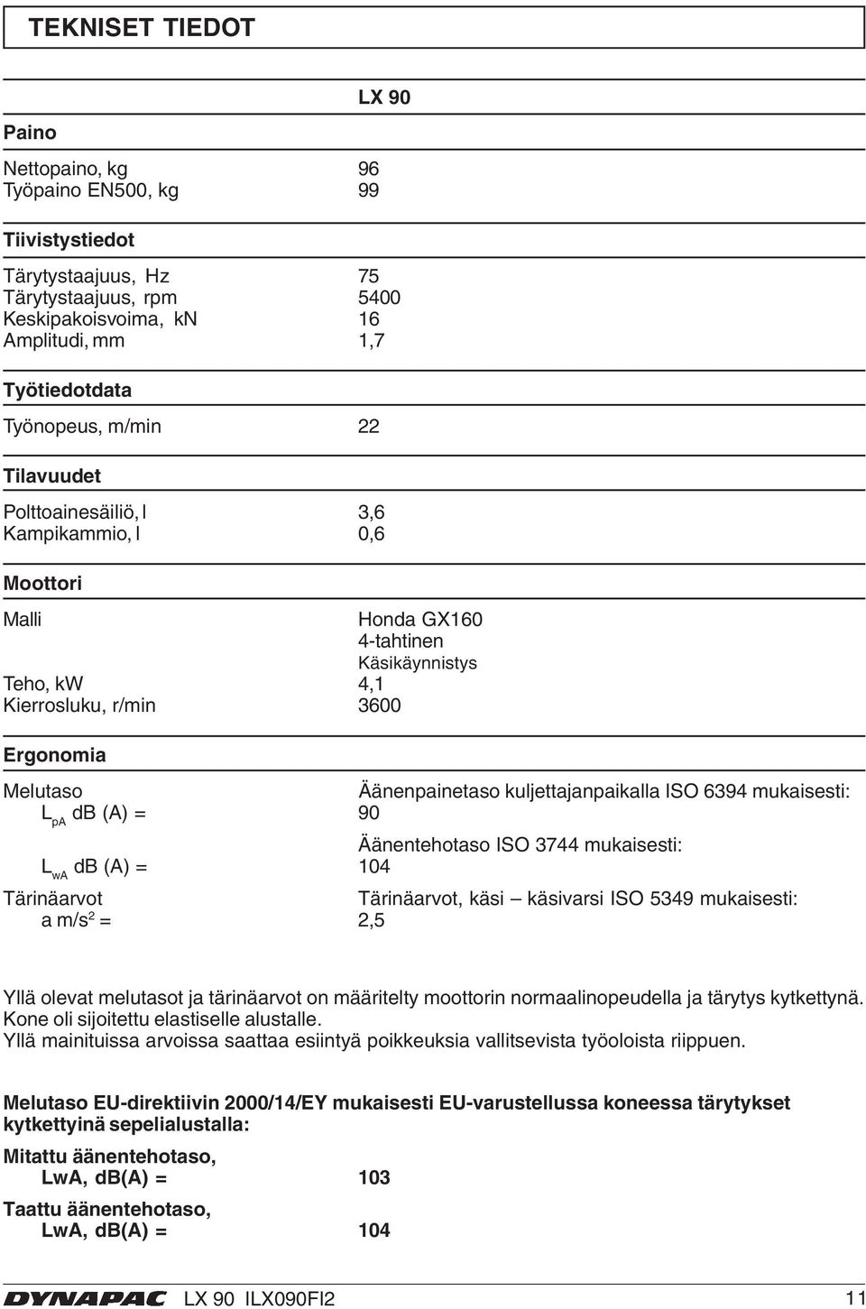 kuljettajanpaikalla ISO 6394 mukaisesti: L pa db (A) = 90 Äänentehotaso ISO 3744 mukaisesti: L wa db (A) = 104 Tärinäarvot Tärinäarvot, käsi käsivarsi ISO 5349 mukaisesti: a m/s2 = 2,5 Yllä olevat
