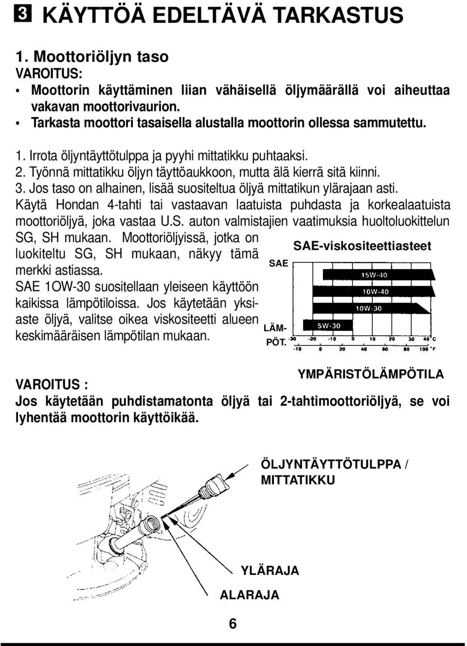 3. Jos taso on alhainen, lisää suositeltua öljyä mittatikun ylärajaan asti. Käytä Hondan 4-tahti tai vastaavan laatuista puhdasta ja korkealaatuista moottoriöljyä, joka vastaa U.S.