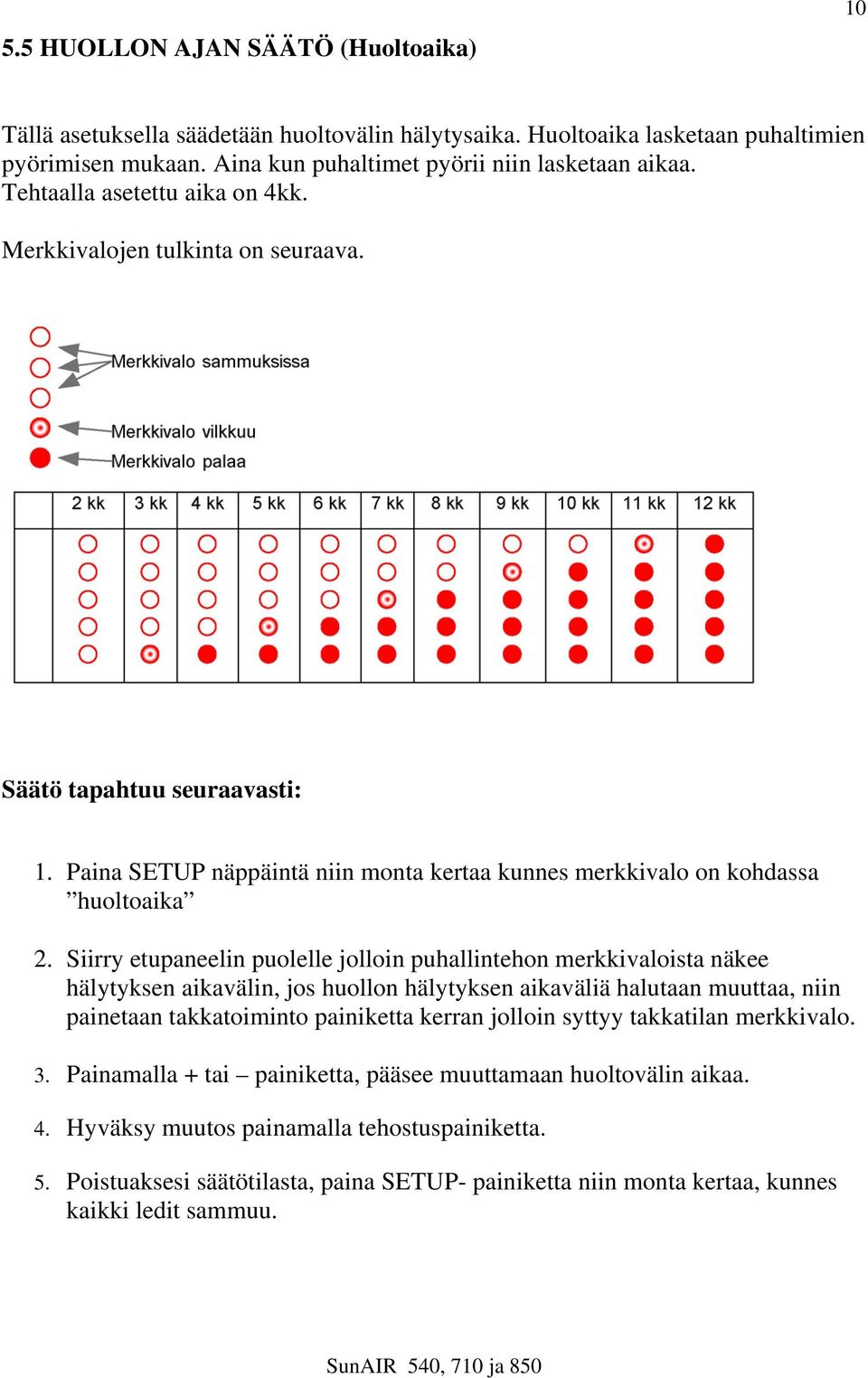 Siirry etupaneelin puolelle jolloin puhallintehon merkkivaloista näkee hälytyksen aikavälin, jos huollon hälytyksen aikaväliä halutaan muuttaa, niin painetaan takkatoiminto painiketta kerran jolloin