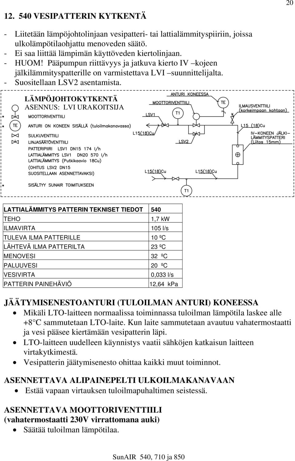 LÄMPÖJOHTOKYTKENTÄ ASENNUS: LVI URAKOITSIJA LATTIALÄMMITYS PATTERIN TEKNISET TIEDOT 540 TEHO ILMAVIRTA 1,7 kw 105 l/s TULEVA ILMA PATTERILLE 10 ºC LÄHTEVÄ ILMA PATTERILTA 23 ºC MENOVESI 32 ºC