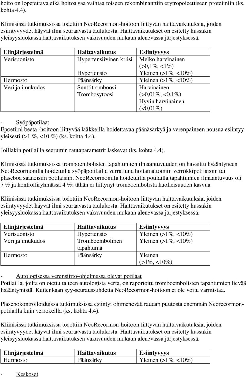 Haittavaikutukset on esitetty kussakin yleisyysluokassa haittavaikutuksen vakavuuden mukaan alenevassa järjestyksessä.