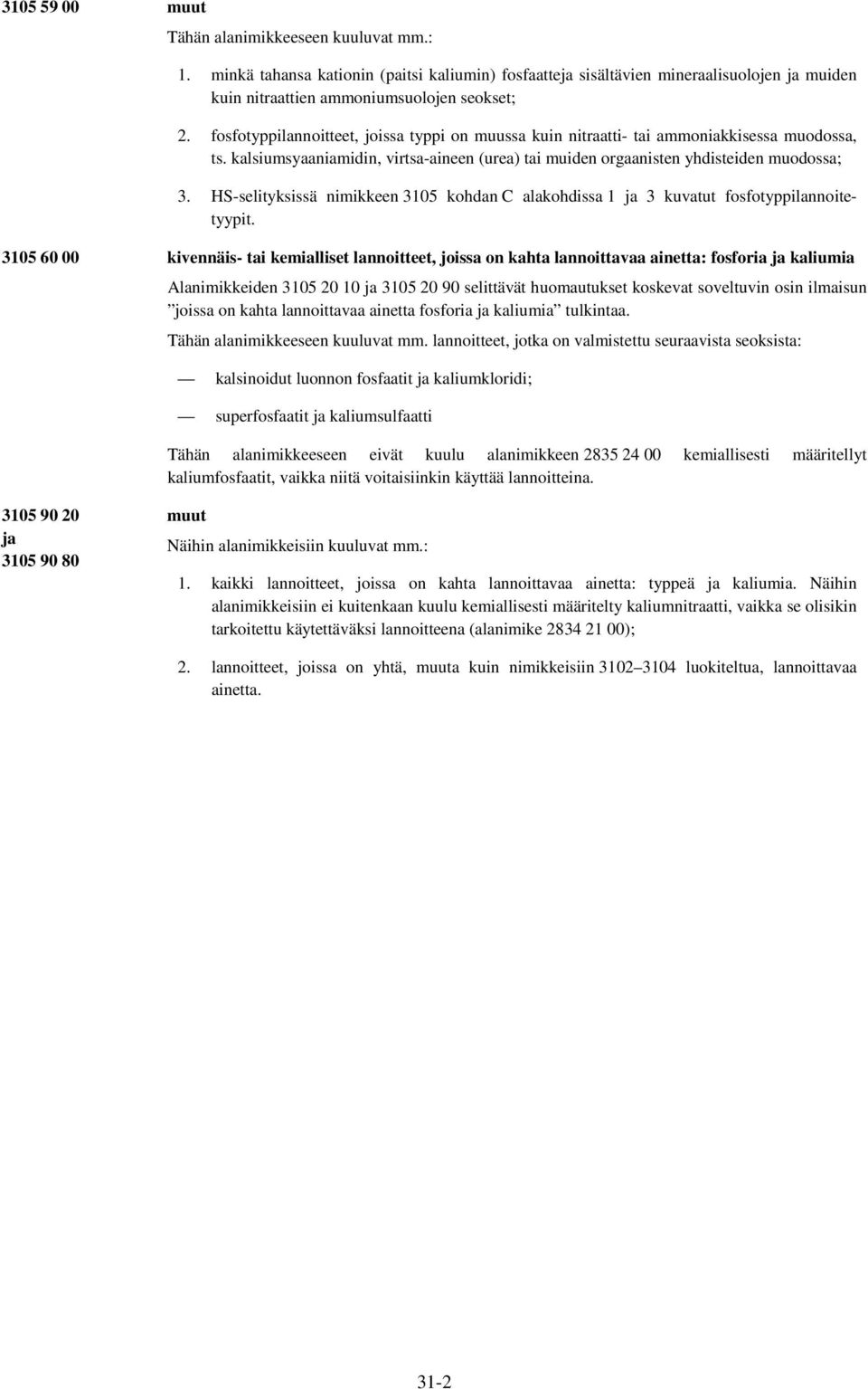 HS-selityksissä nimikkeen 3105 kohdan C alakohdissa 1 ja 3 kuvatut fosfotyppilannoitetyypit.